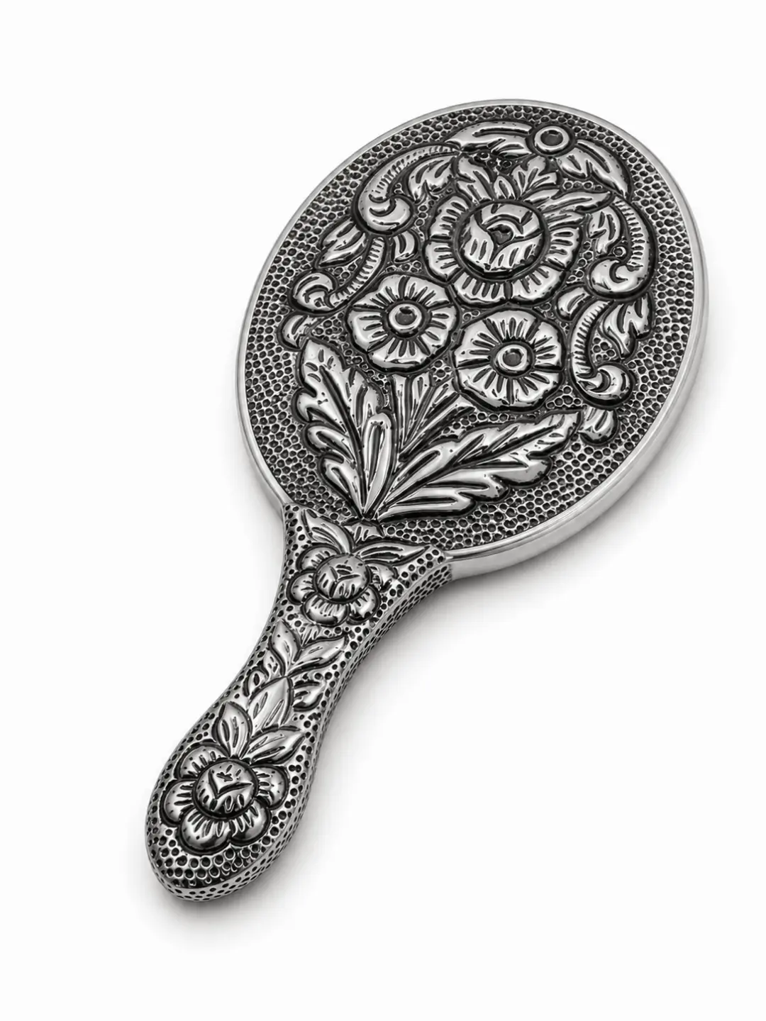 Saf Gümüş Papatya ve Gül İşlemeli Zarif El Aynası