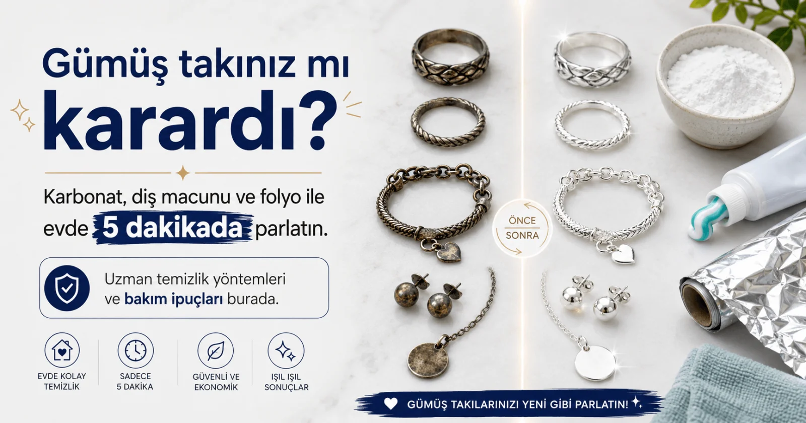 Gümüş takı nasıl temizlenir: kararan 925 ayar gümüş kolyenin evde karbonatla parlatılması